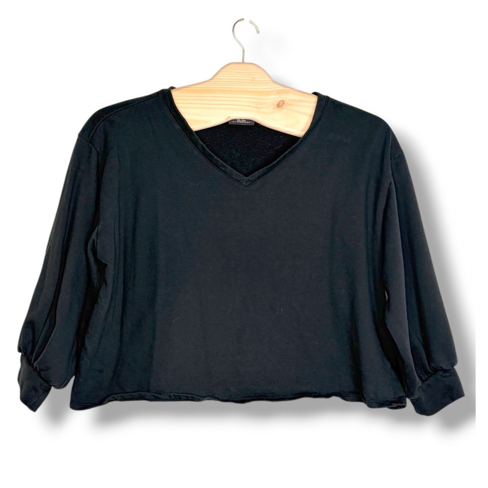 G by Giuliana Sweatshirt 2X Black V-Neck Balloon‎ Sleeve Raw Hem Cropped Fleece